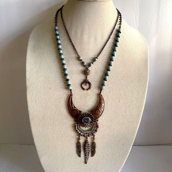 Copper color turquoise color hanging feathers 2 layer extender 16 1/2 inches new - Picture 1 of 5